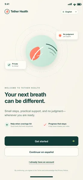 BreatheFree screen 1: Welcome. Introduces Tether Health, language choice and the private, judgment-free promise.