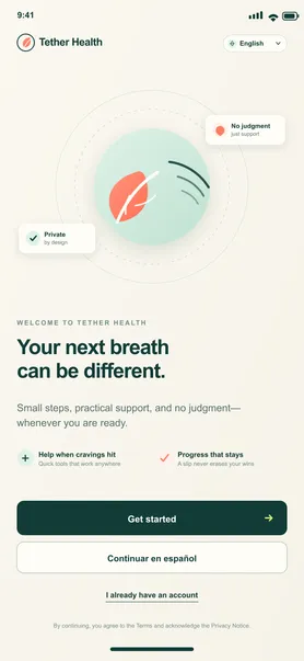 BreatheFree screen 1: Welcome. Introduces Tether Health, language choice and the private, judgment-free promise.