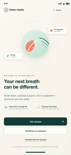 BreatheFree screen 1: Welcome. Introduces Tether Health, language choice and the private, judgment-free promise.