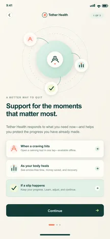 BreatheFree screen 2: Why Tether Health. Explains how the app supports cravings, planning and progress.