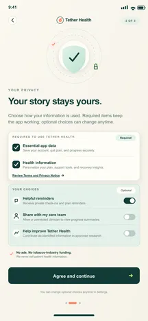 BreatheFree screen 3: Consent & privacy. Collects informed consent and explains data choices in plain language.