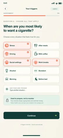 BreatheFree screen 5: Trigger map. Identifies situations and feelings linked to smoking.
