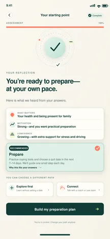 BreatheFree screen 6: Readiness result. Reflects readiness and recommends a flexible next step.