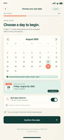 BreatheFree screen 8: Select quit date. Selects a realistic quit date with planning guidance.