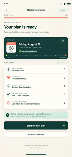 BreatheFree screen 11: Review quit plan. Reviews every plan choice before activation.