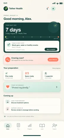 BreatheFree screen 12: Preparation home. Daily home before quit day with tasks, check-in and craving support.