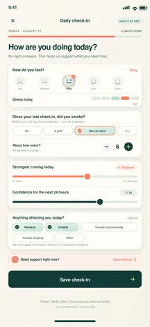 BreatheFree screen 13: Daily check-in. Records a quick, nonpunitive daily status in under 90 seconds.