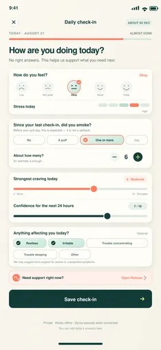 BreatheFree screen 13: Daily check-in. Records a quick, nonpunitive daily status in under 90 seconds.