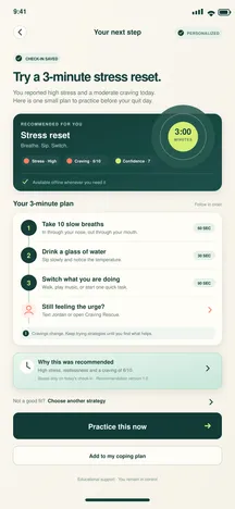BreatheFree screen 14: Personalized next step. Recommends one manageable action based on the check-in.