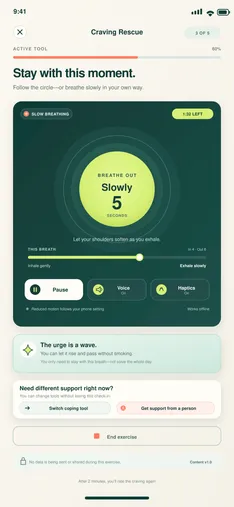 BreatheFree screen 19: Active craving rescue. Guides the selected coping tool in real time.