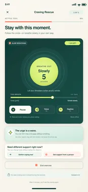 BreatheFree screen 19: Active craving rescue. Guides the selected coping tool in real time.