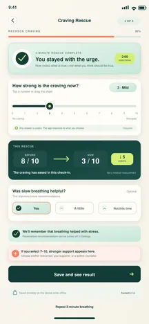 BreatheFree screen 20: Craving recheck. Rechecks craving intensity without claiming a clinical measurement.