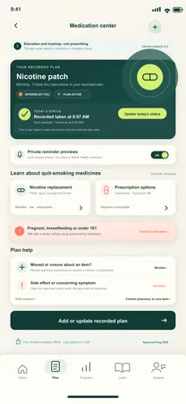 BreatheFree screen 24: Medication center. Provides education and self-tracking without prescribing.