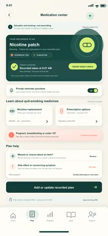 BreatheFree screen 24: Medication center. Provides education and self-tracking without prescribing.