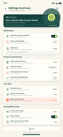BreatheFree screen 28: Settings & privacy. Centralizes notification privacy, consent, exports, accessibility and deletion.